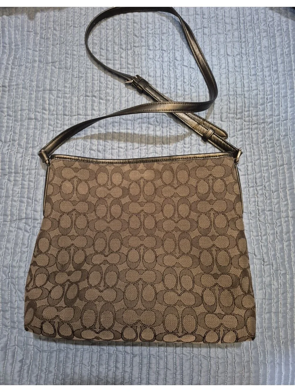 Coach Signature Monogram Crossbody Bag Brown Black Zip